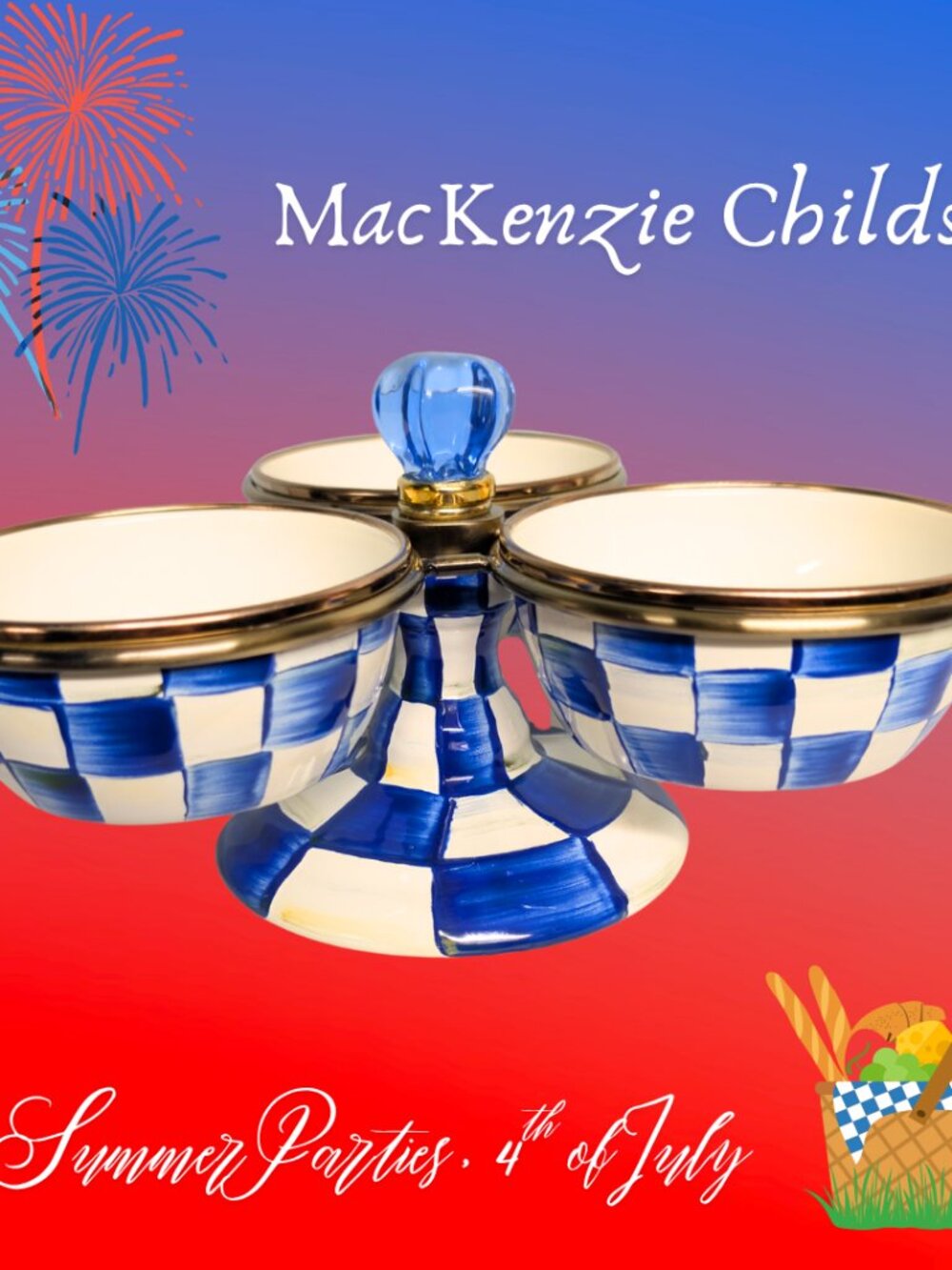 MacKenzie-Childs Blue Royal Check Triplicity 3 Pinch Bowls Stand Party Picnic